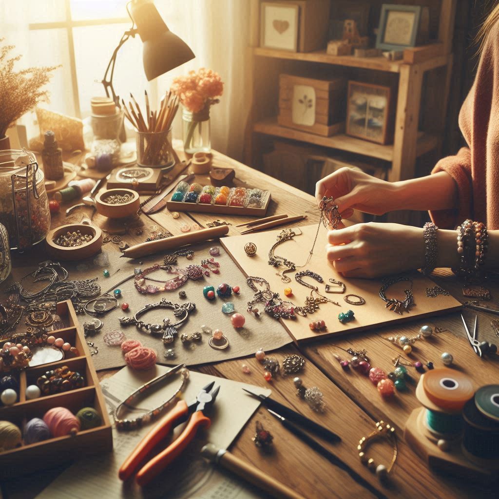 Persona diseñando bisuteria artesanal en un espacio de trabajo en casa, rodeada de materiales y herramientas.